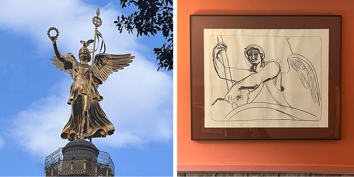 Left: The statue at the top of a column is visible in front of a blue, cloudy sky. The figure depicted in the statue wears a flowing dress and has outstretched wings; Right: A framed drawing hangs on an orange wall. The figure in the illustration is depicted with wings and holds a staff and scythe in their hands with arms outstretched.