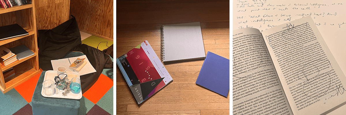 A panel of three images: a reading chair strewn with books and an artist pad, a journal next to books on a table, and an open book with notes written in the margins