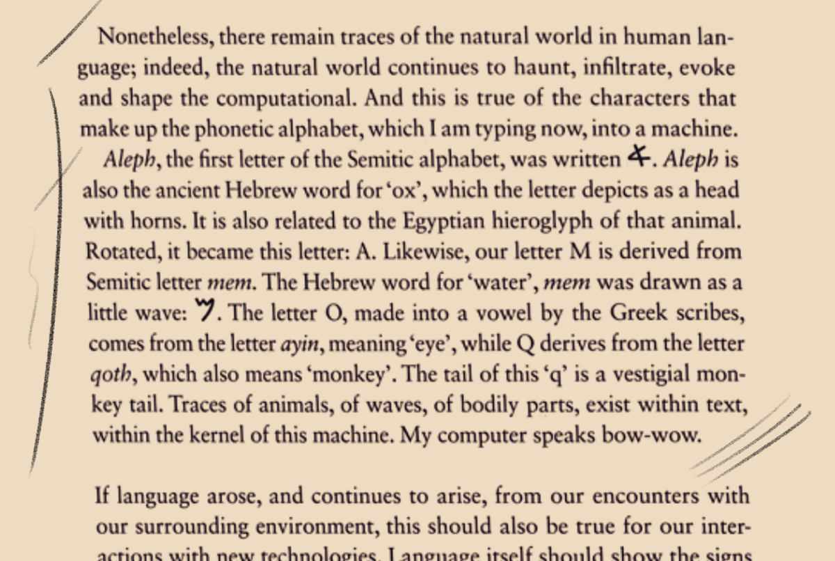 Nonetheless, there remain traces of the natural world in human language; indeed, the natural world continues to haunt, infiltrate, evoke and shape the computational. And this is true of the characters that make up the phonetic alphabet, which I am typing now, into a machine.Aleph, the first letter of the Semitic alphabet, was written (A symbol is depicted here in the text. The symbol shown is shaped like a less-than sign with a vertical line down the center.). Aleph is also the ancient Hebrew word for *ox', which the letter depicts as a head with horns. It is also related to the Egyptian hieroglyph of that animal. Rotated, it became this letter: A. Likewise, our letter M is derived from Semitic letter mem. The Hebrew word for water', mem was drawn as alittle wave: (A symbol is depicted here in the text. The symbol shown is shaped like the waveform of the letter 'w' with a tail shaped like that of the letter 'y'.). The letter O, made into a vowel by the Greek scribes,comes from the letter ayin, meaning ‘eye', while Q derives from the letter qoth, which also means 'monkey'. The tail of this 'q' is a vestigial monkey tail. Traces of animals, of waves, of bodily parts, exist within text, within the kernel of this machine. My computer speaks bow-wow. (Bridle 152)