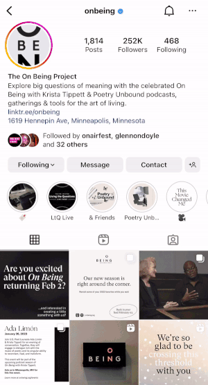 A gif of the On Being Instagram account. The gif moves from the view of the collection of Instagram posts to the view of the collection of Instagram reels.