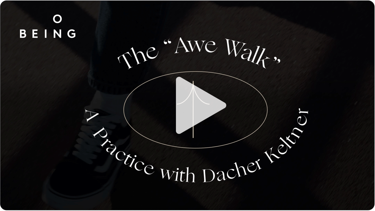 A play button is visible over a gif of a video. The text beneath the play button reads: The 'Awe Walk.' A practice with Dacher Keltner.